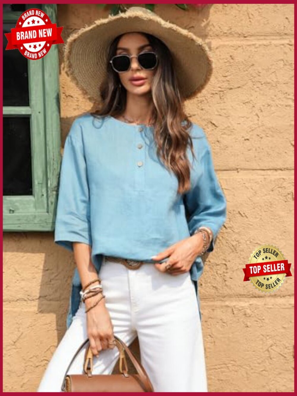 100% Linen 3/4 Sleeve Henley Neck Tunic Top - Picture 5 of 7